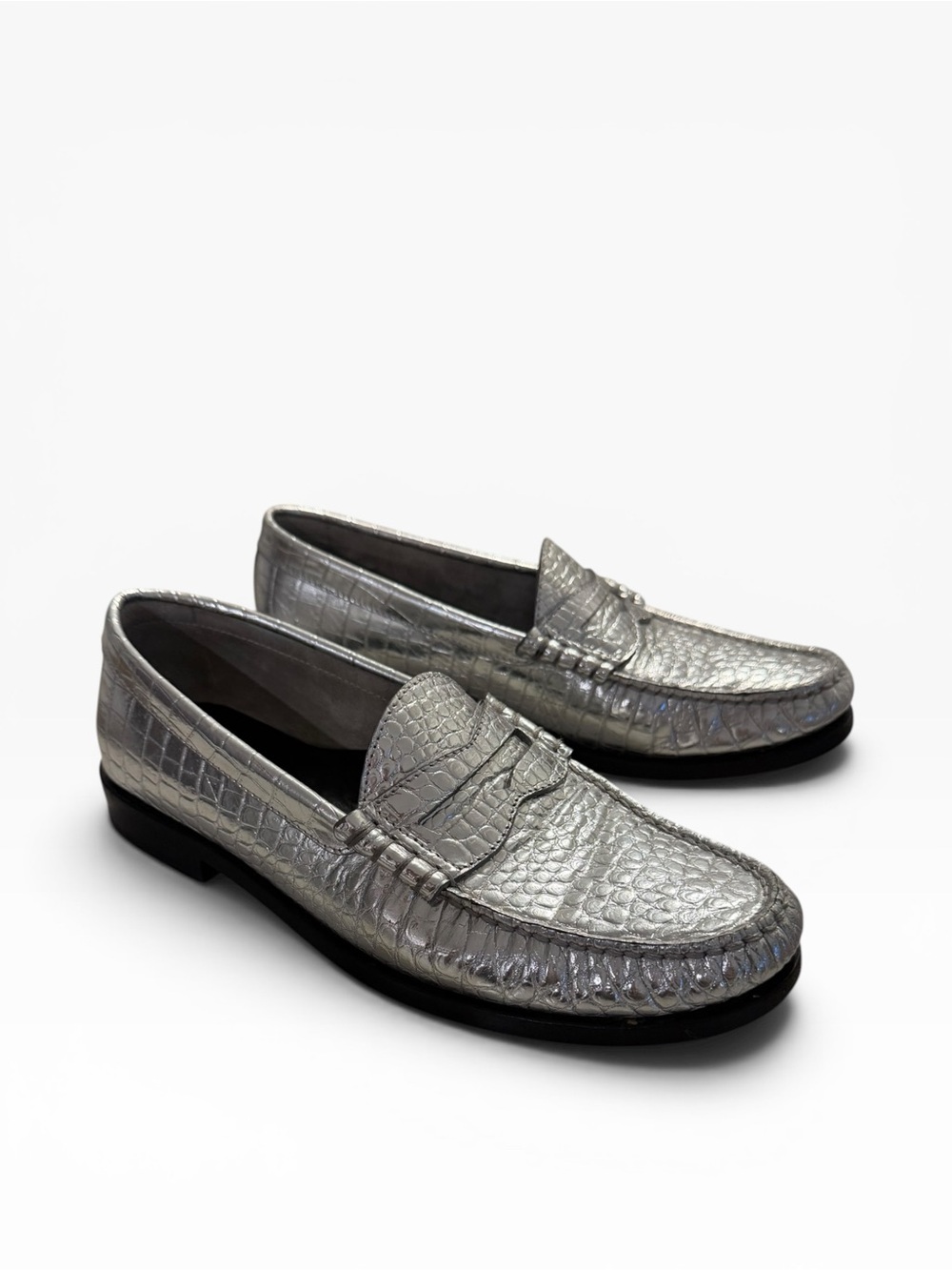 Celine Lucio metallic silver crocodile embossed leather loafers